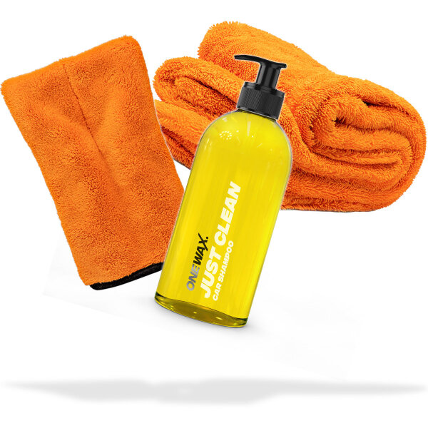 Wasch- und Trockenset: OneWax Just Clean Shampoo 500ml + Präzisionshandschuh + Nuke Guys Gamma Dryer XXL